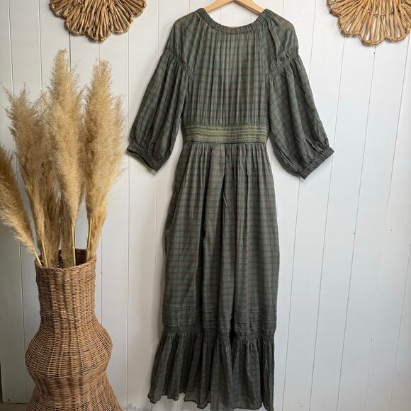 Free People maxi dress plaid embroidery ruffled cottage gingham boho smock - Picture 5 of 9
